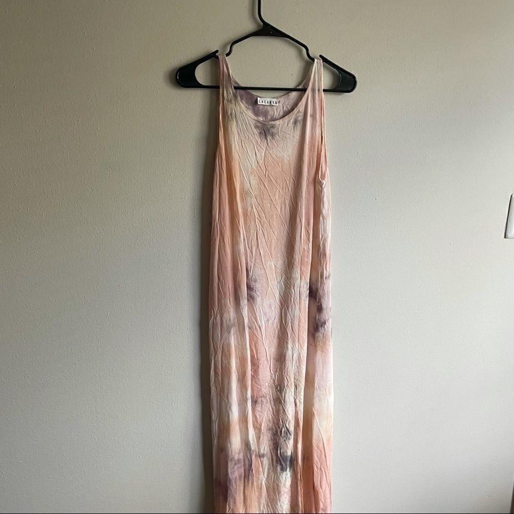 Revolve LACAUSA DAD'S SHIRT TIE-DYE SLEEVELESS BOHO MAXI DRESS - Picture 8 of 11